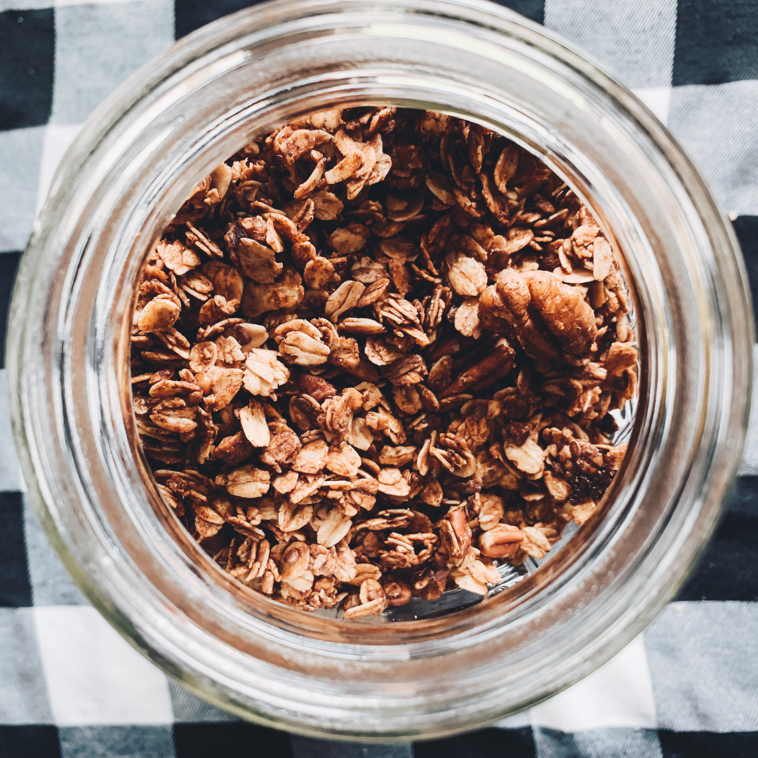 overhead picture of chocolate granola in a jar